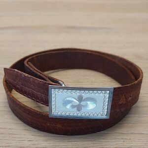 Handcrafted Carved Western L. F. Biggs Brown Leather Belt 1970s Silver Buckle